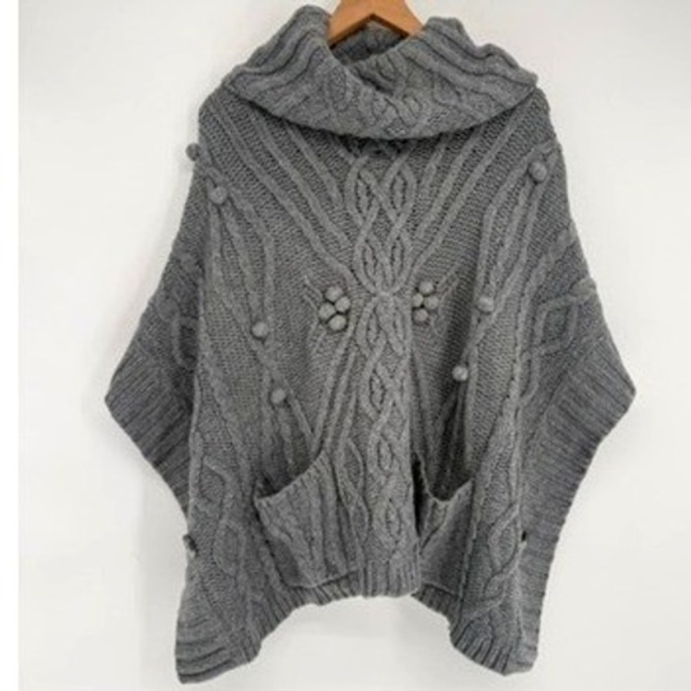 Sleeping on Snow Anthropologie Gray Cable Knit Cowl Neck Popcorn Poncho One Size